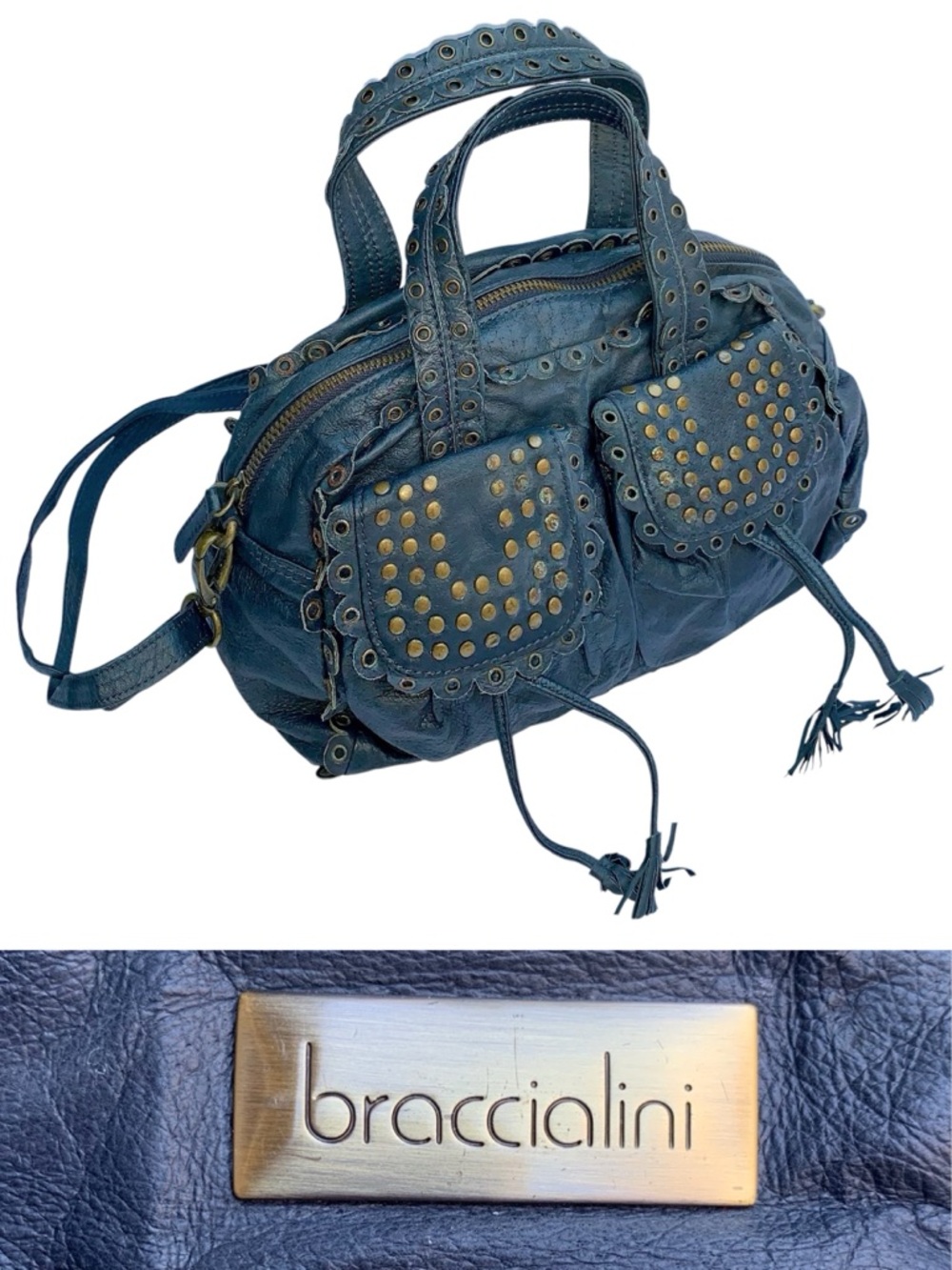 Braccialini Brass Studded Leather Crossbody Purse Ruffle